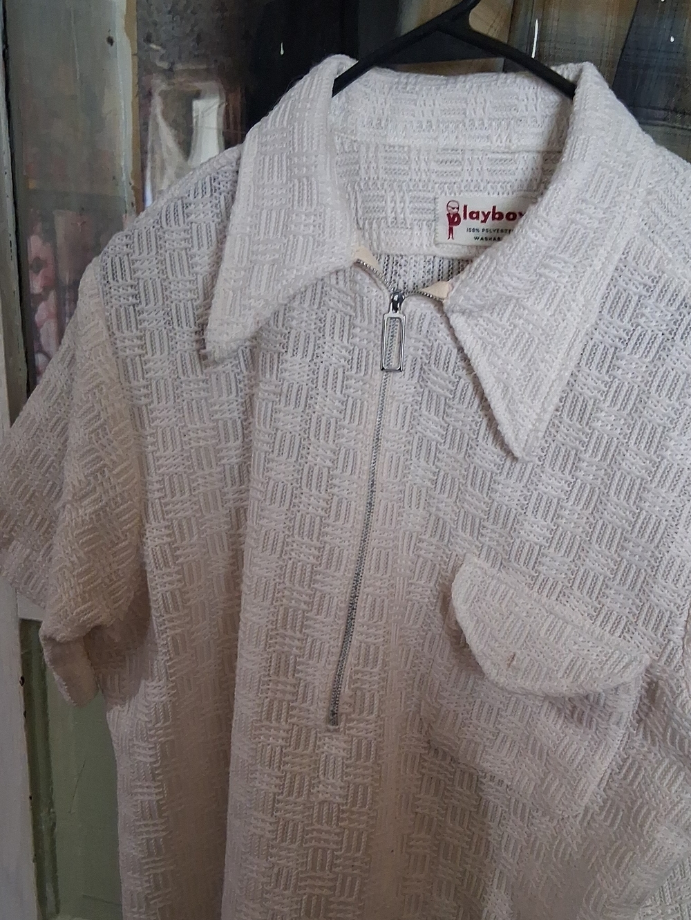 PLAYBOY Cream Textured Short-Sleeve Zip-Front Shirt